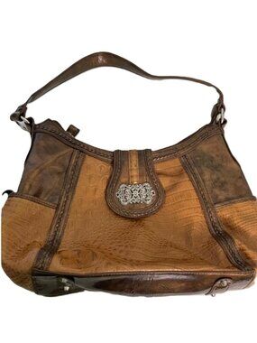 Madi Claire Crock and Ostrich Embossed Leather Tote Bag Tan Brown Large 16x11